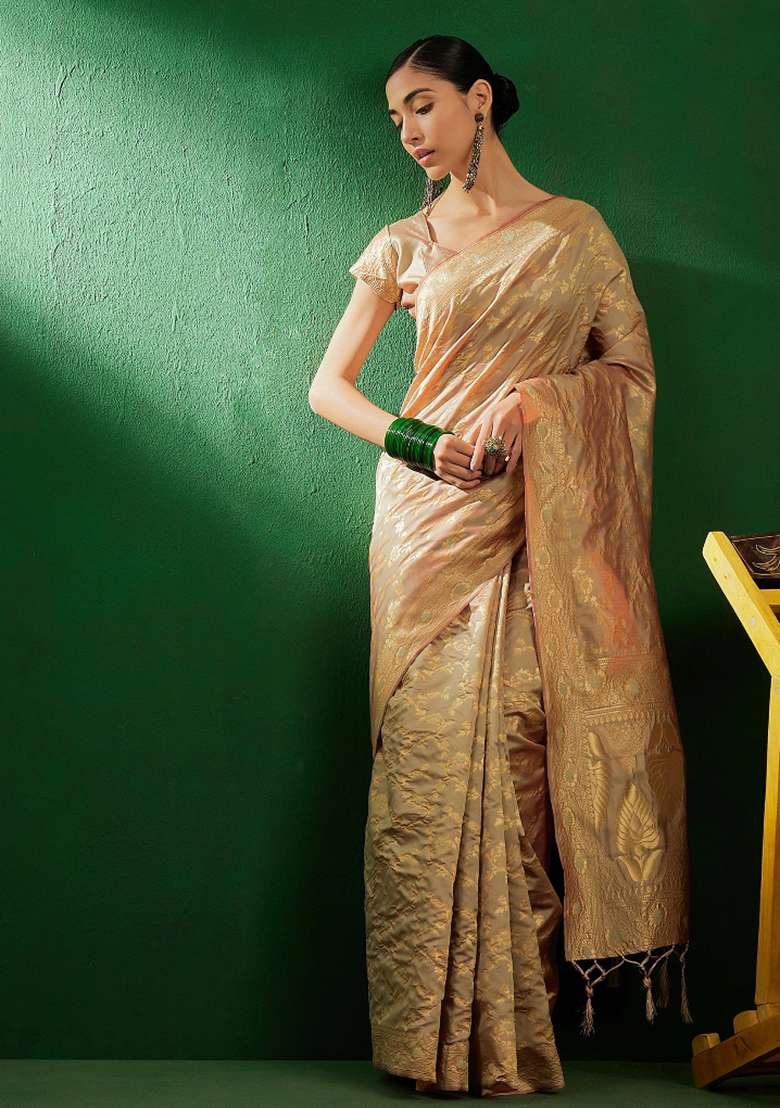 Beige Motif Silk Blend Saree Set - Indya