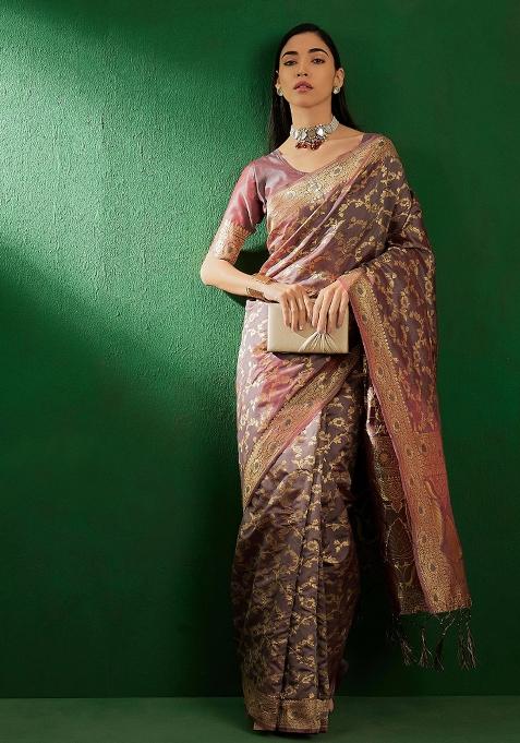 Grey Motif Silk Saree Set