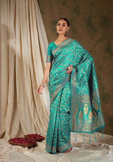 Sea Green Motif Silk Saree Set