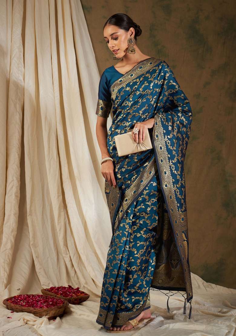 Petrol Blue Motif Silk Saree Set - Indya