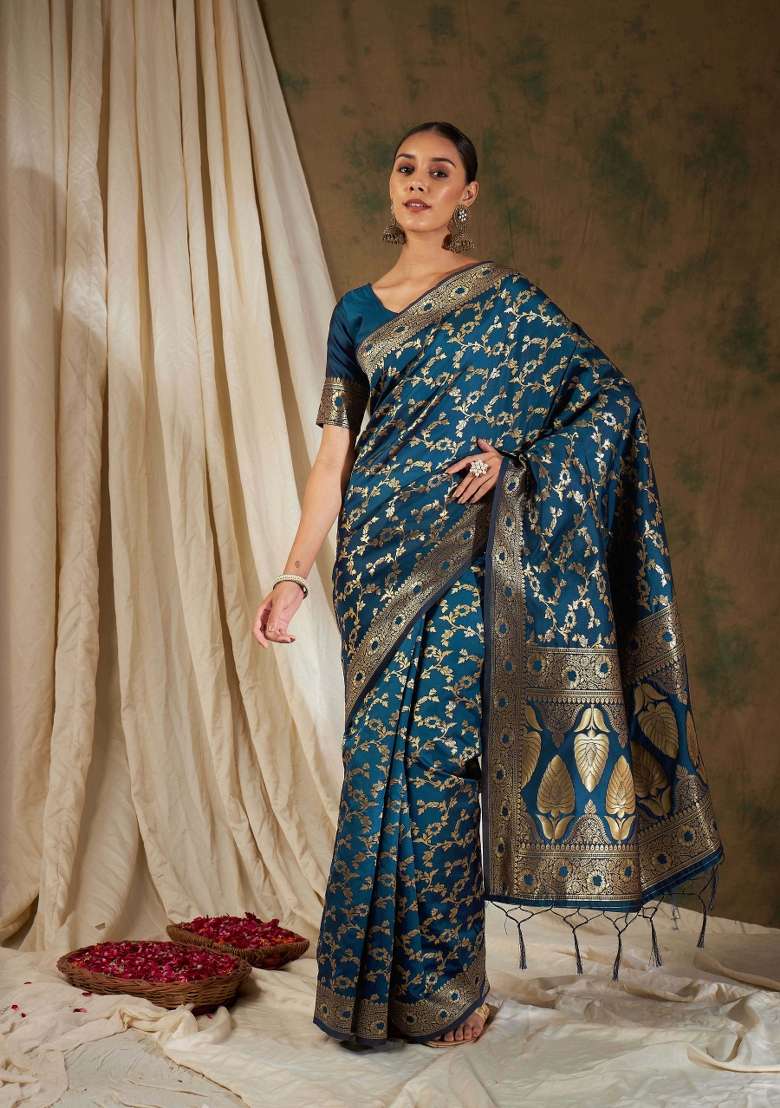 Petrol Blue Motif Silk Saree Set - Indya
