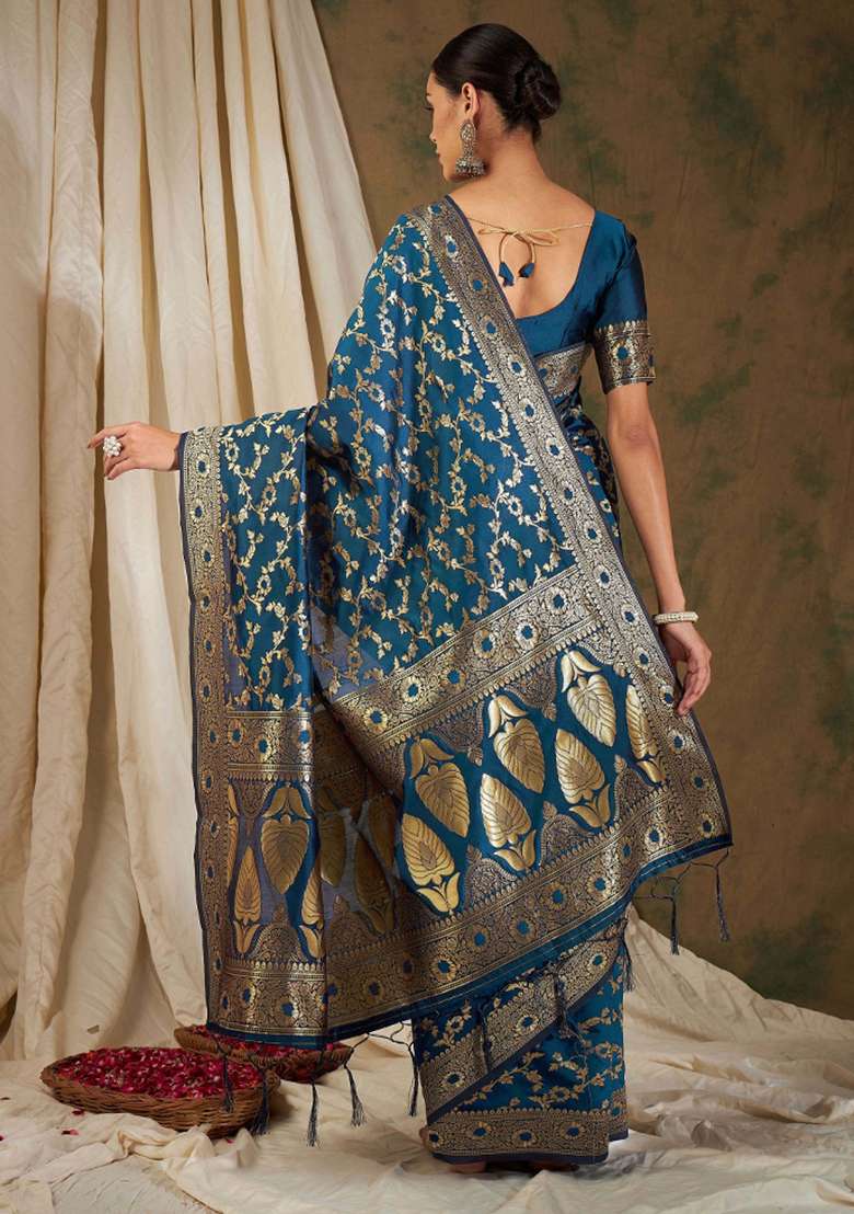 Petrol Blue Motif Silk Saree Set - Indya