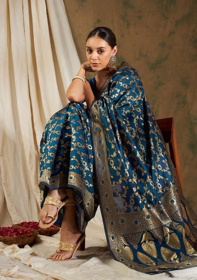 Petrol Blue Motif Silk Saree Set - Indya