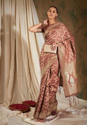 Peach Motif Silk Saree Set