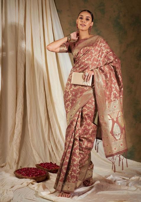 Peach Motif Silk Saree Set