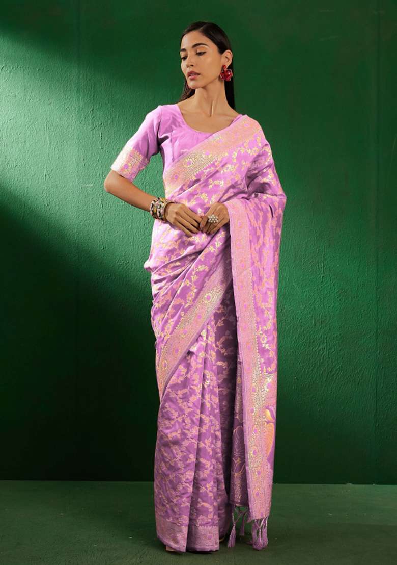 Lavender Motif Silk Blend Saree Set - Indya