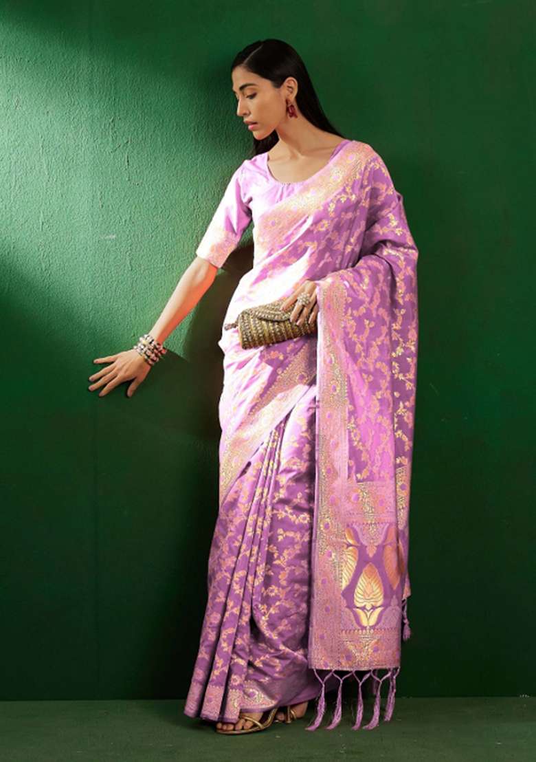 Lavender Motif Silk Blend Saree Set - Indya