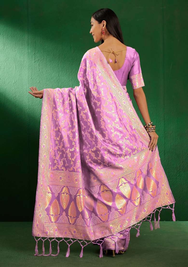 Lavender Motif Silk Blend Saree Set - Indya