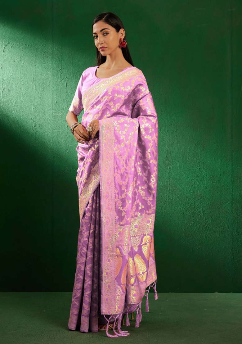 Lavender Motif Silk Blend Saree Set - Indya