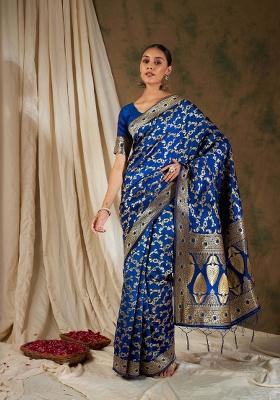 Royal Blue Motif Silk Saree Set