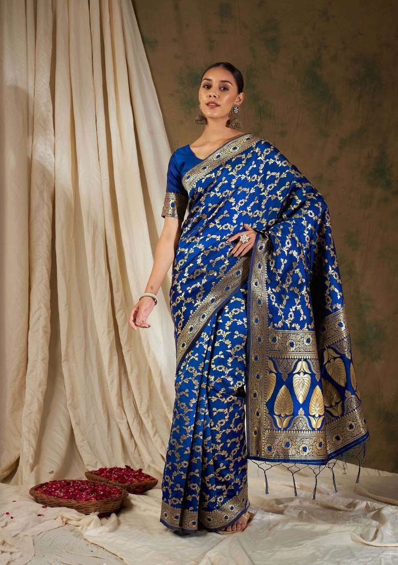 Royal Blue Motif Silk Blend Saree Set - Indya