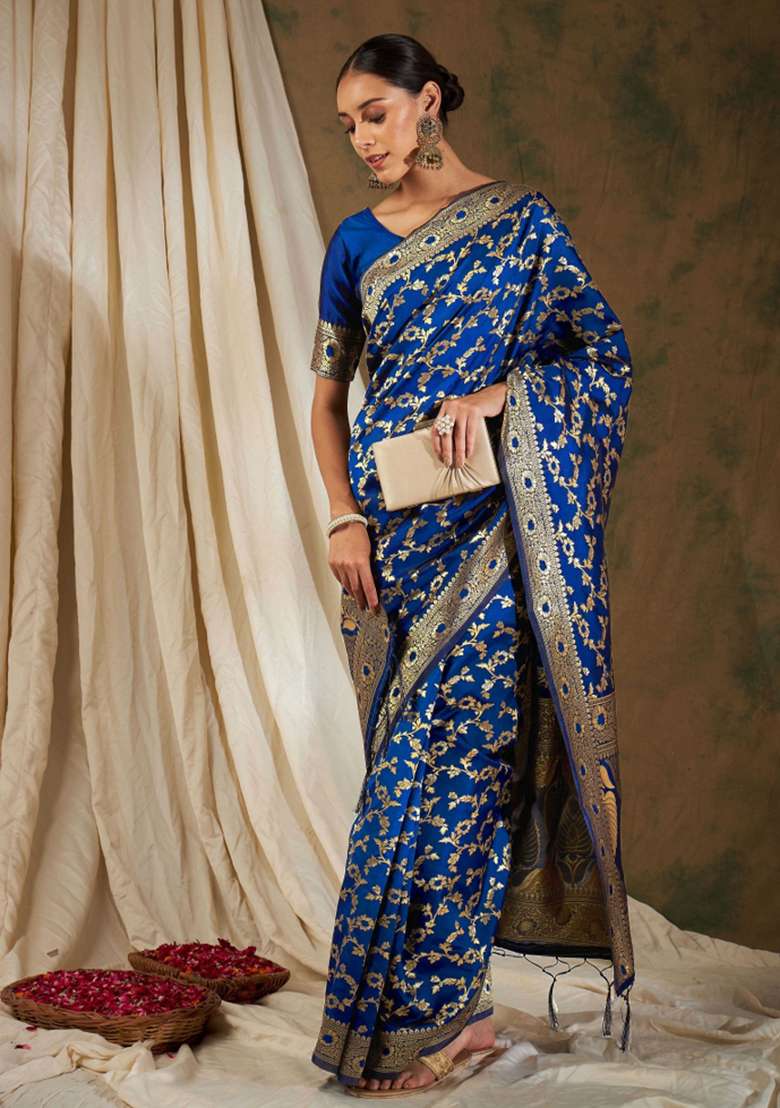 Royal Blue Motif Silk Blend Saree Set - Indya