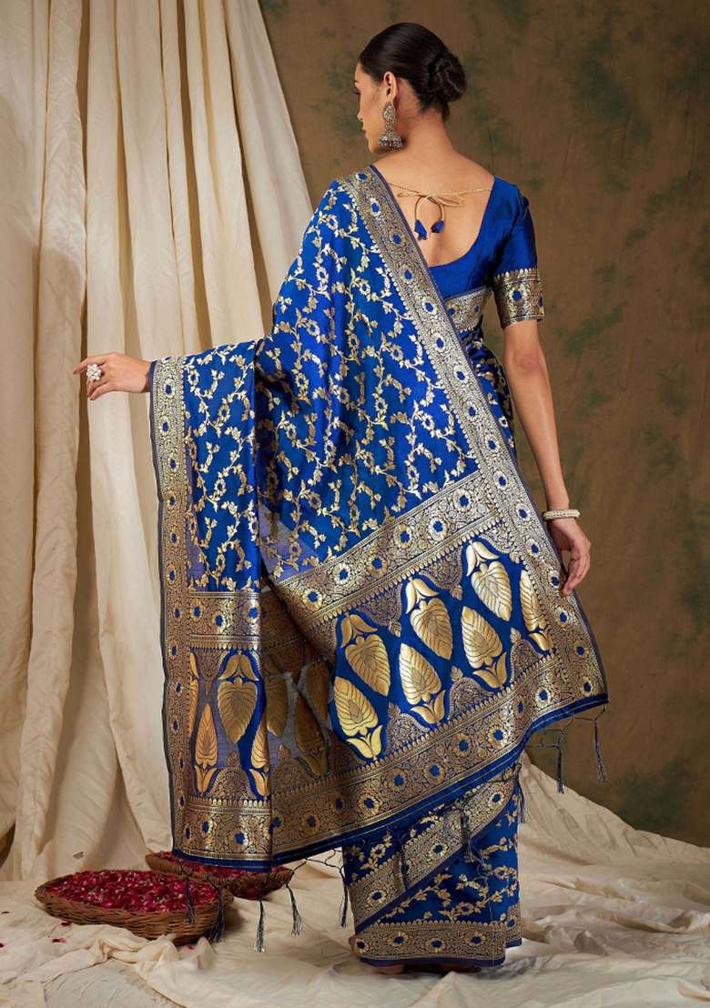 Royal Blue Motif Silk Blend Saree Set - Indya