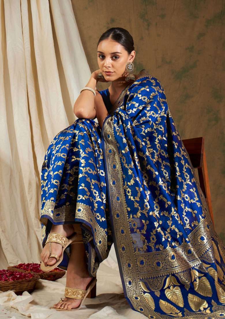 Royal Blue Motif Silk Blend Saree Set - Indya