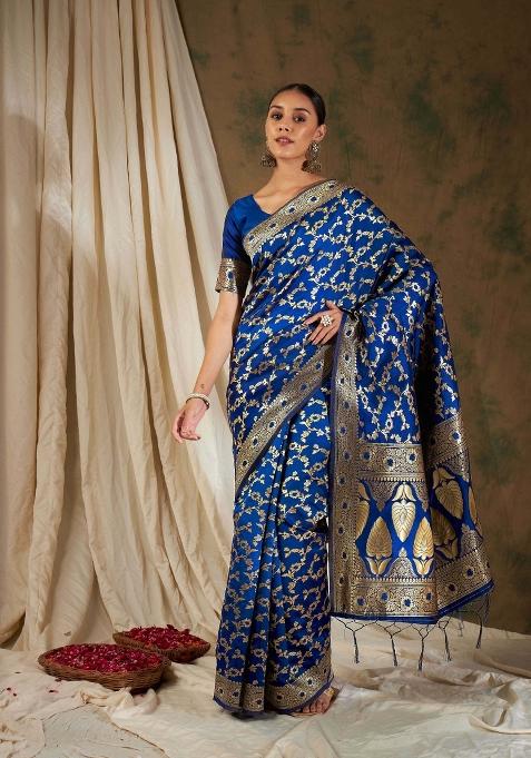 Royal Blue Motif Silk Saree Set