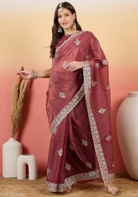 Pink Embroidered Tissue Saree Set