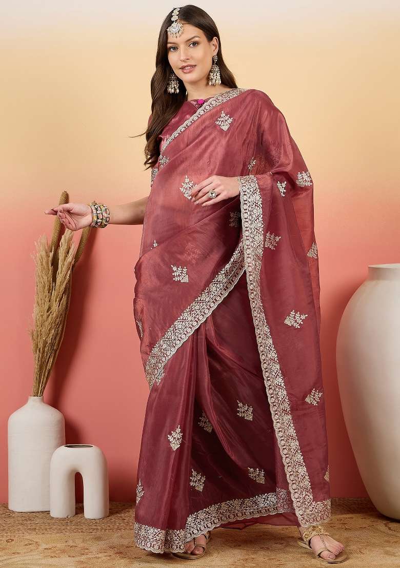 Pink Embroidered Tissue Saree Set - Indya