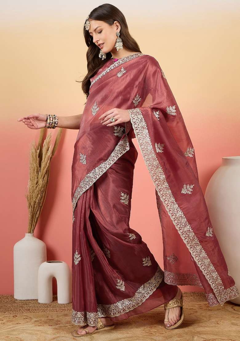 Pink Embroidered Tissue Saree Set - Indya