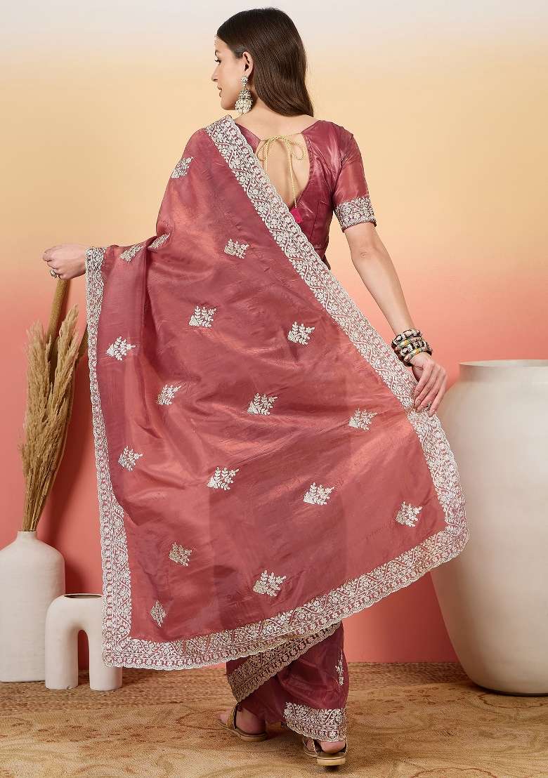 Pink Embroidered Tissue Saree Set - Indya