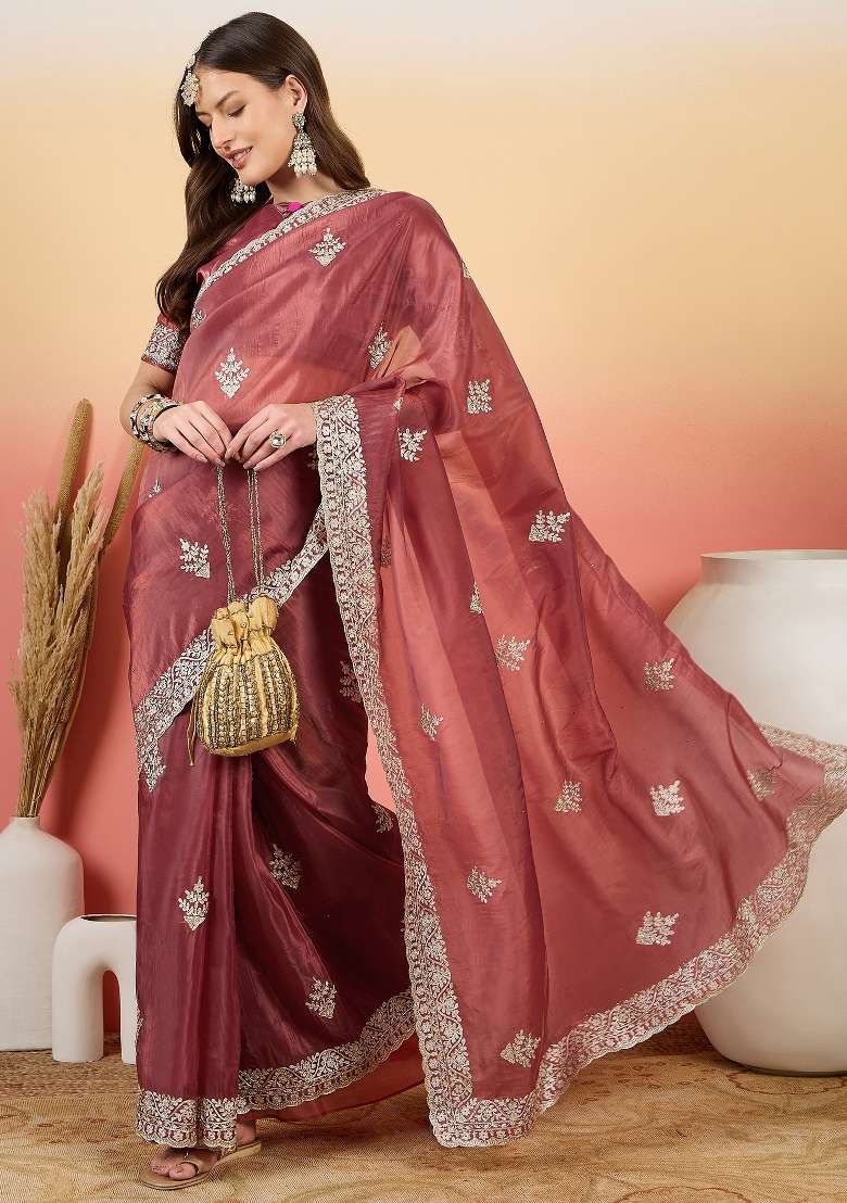 Pink Embroidered Tissue Saree Set - Indya