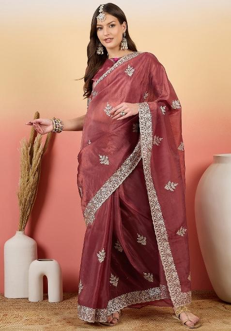 Pink Embroidered Tissue Saree Set