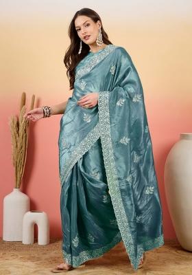 Petrol Blue Embroidered Tissue Saree Set