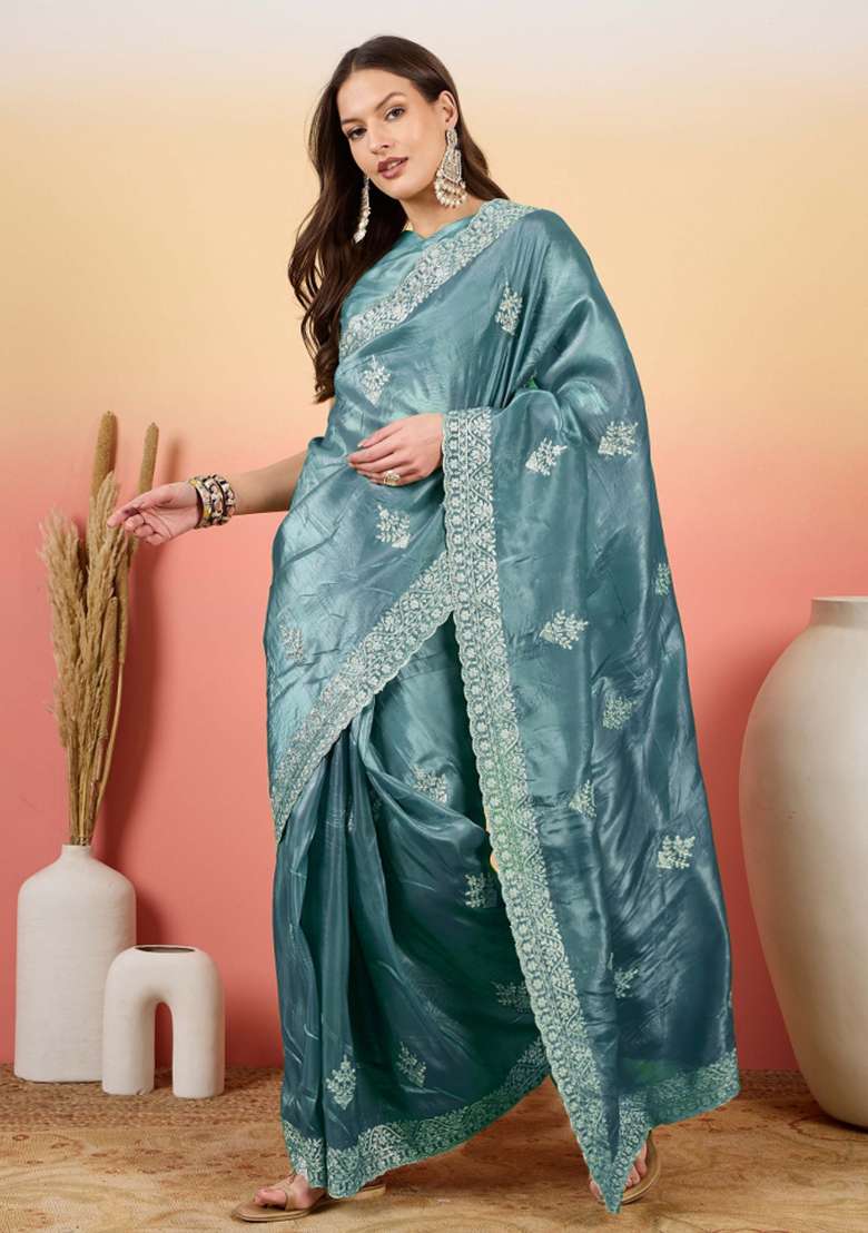 Petrol Blue Embroidered Tissue Saree Set - Indya