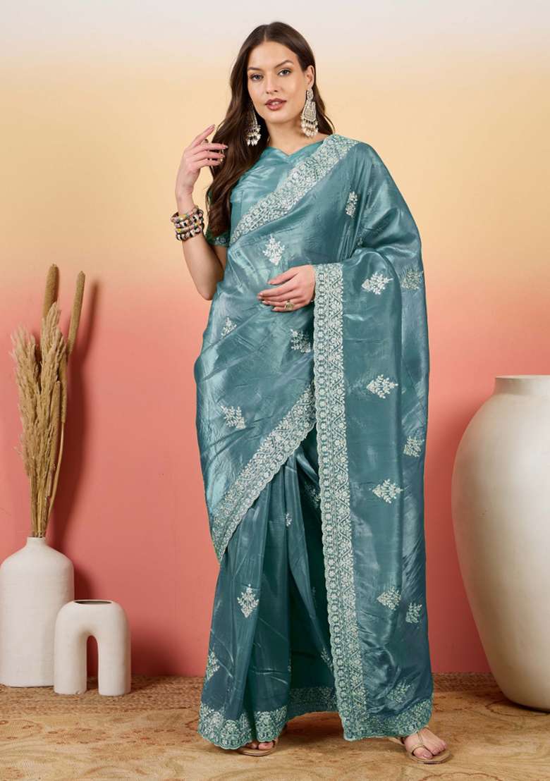 Petrol Blue Embroidered Tissue Saree Set - Indya