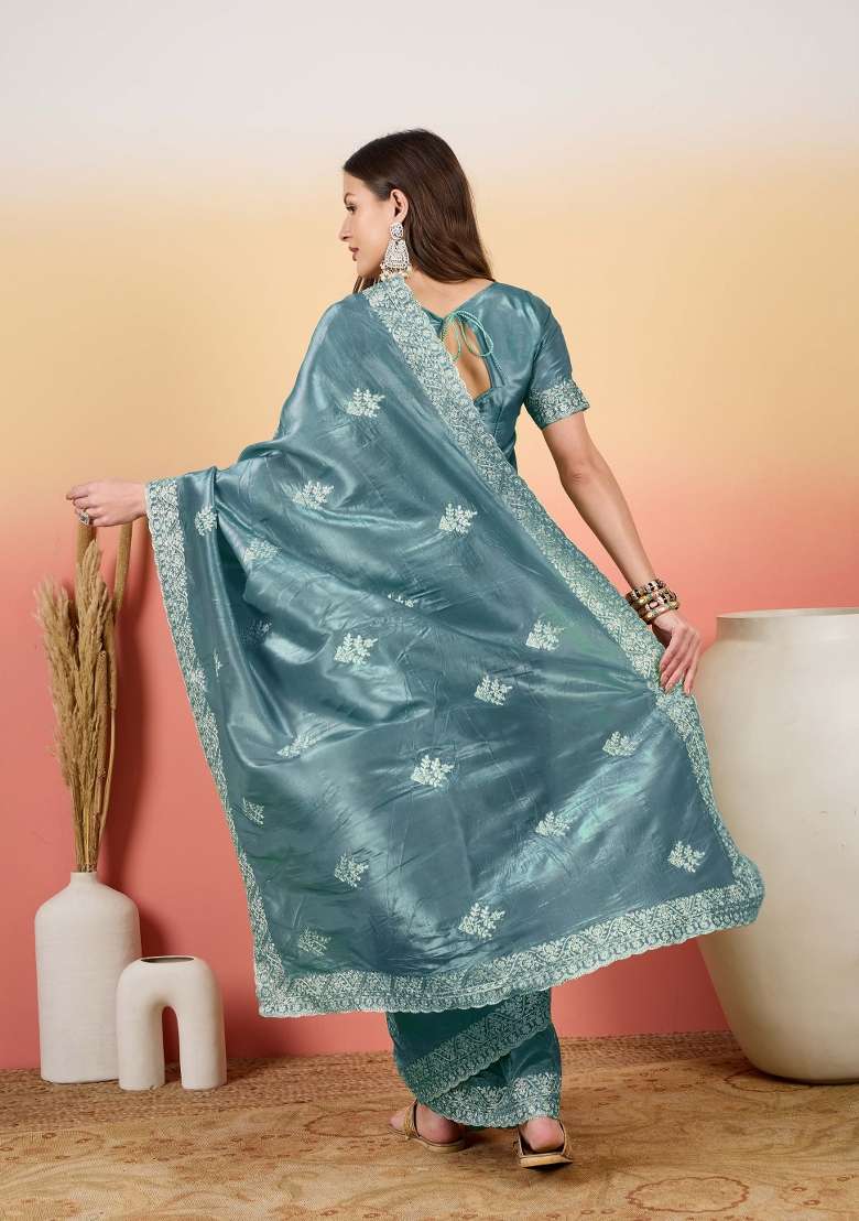 Petrol Blue Embroidered Tissue Saree Set - Indya