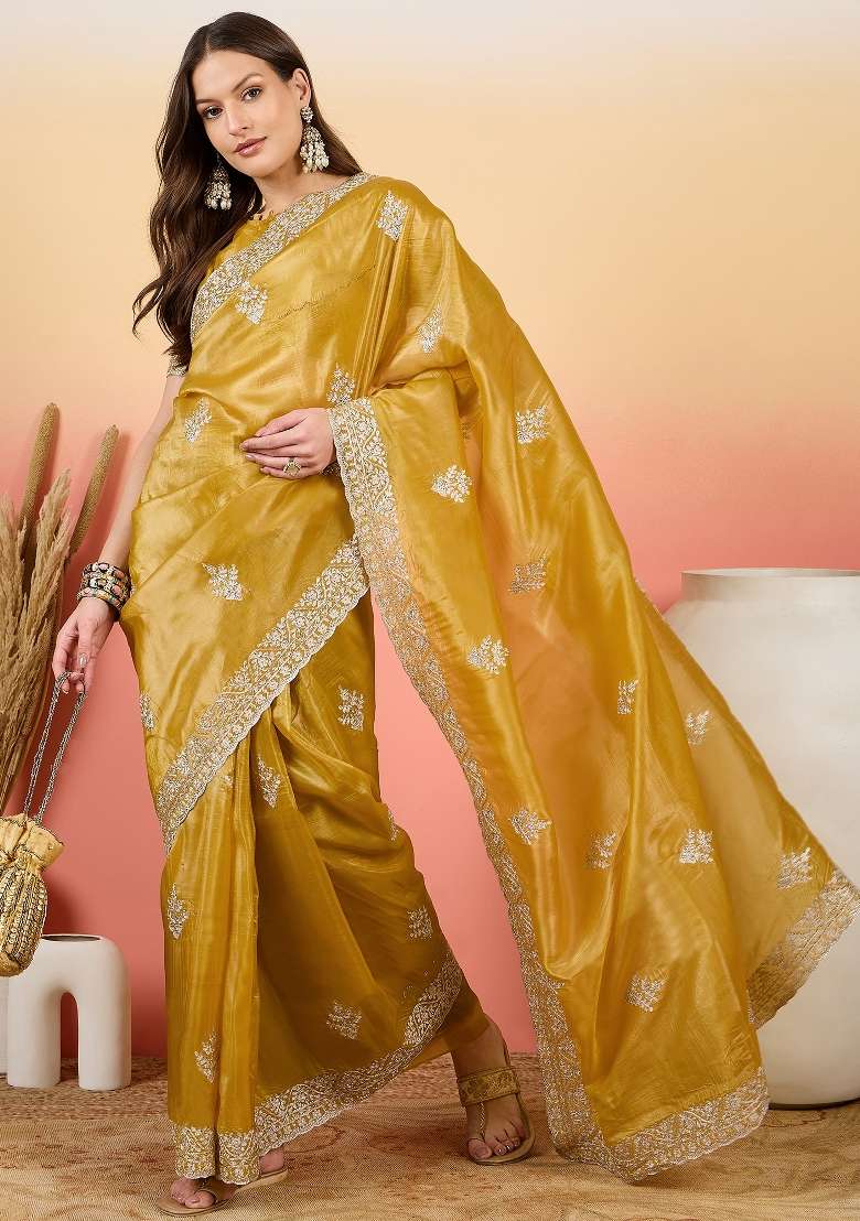 Mustard Yellow Embroidered Tissue Saree Set - Indya