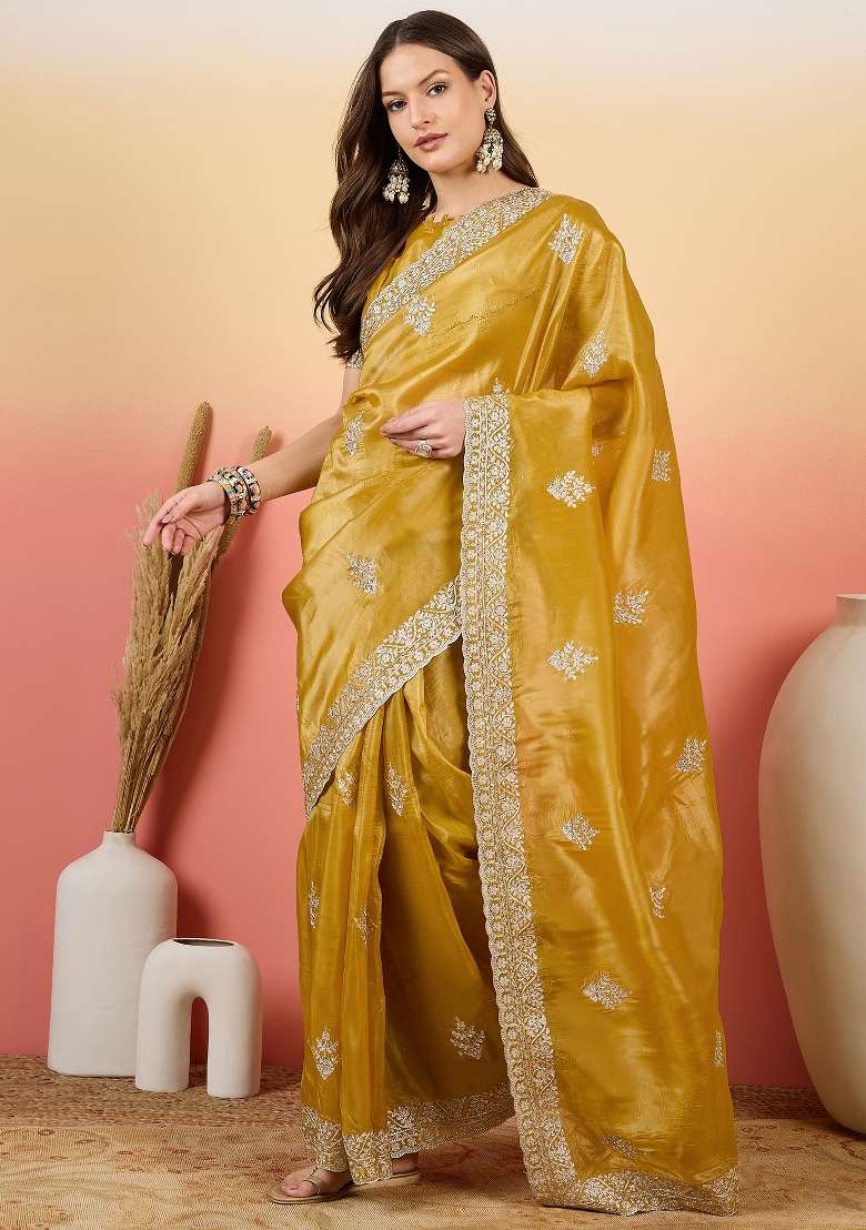 Mustard Yellow Embroidered Tissue Saree Set - Indya
