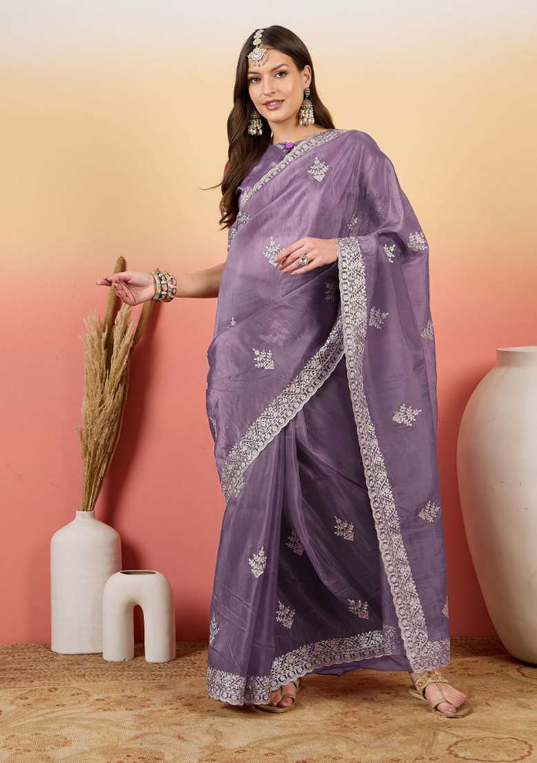Purple Embroidered Tissue Saree Set - Indya