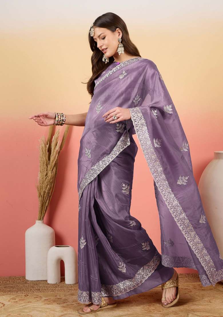 Purple Embroidered Tissue Saree Set - Indya