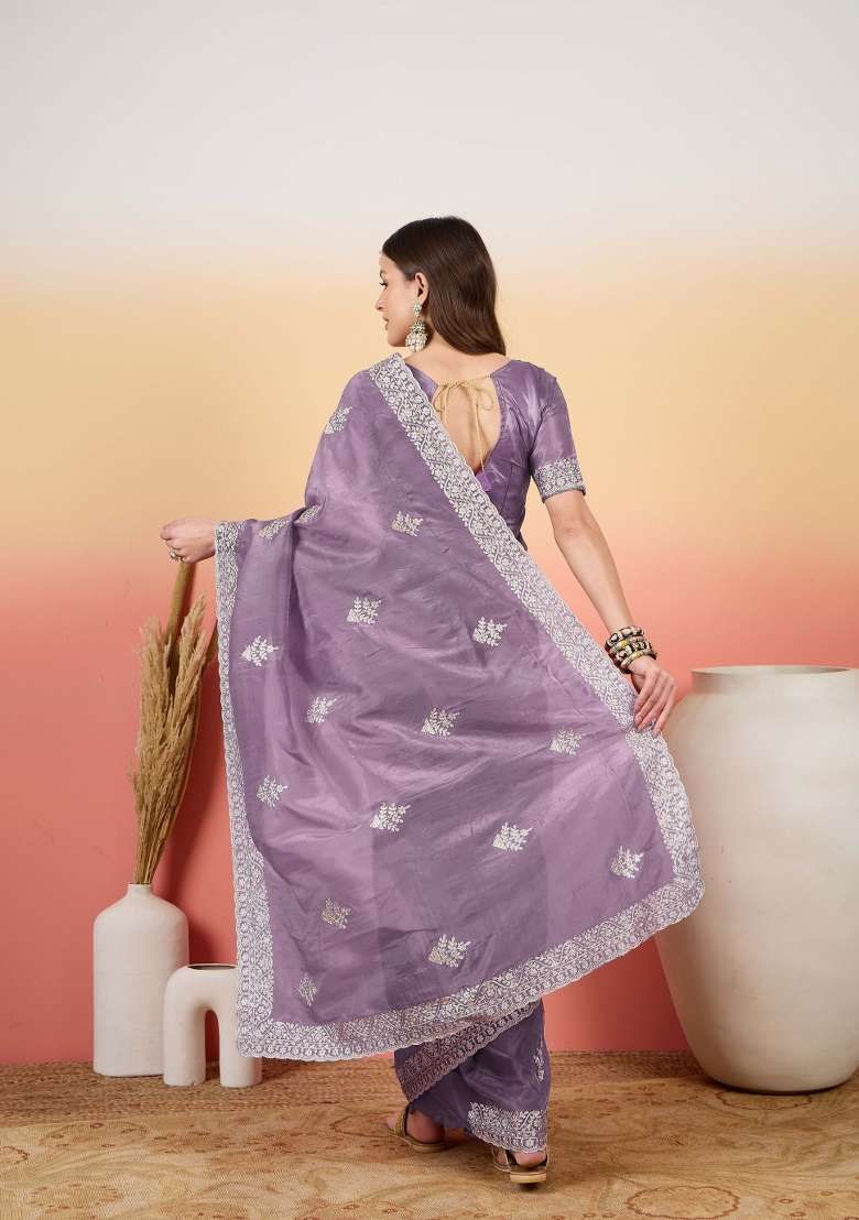 Purple Embroidered Tissue Saree Set - Indya