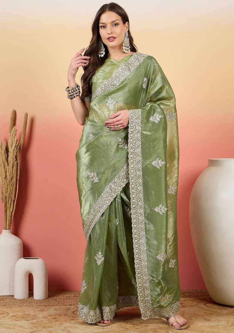 Sea Green Embroidered Tissue Saree Set - Indya
