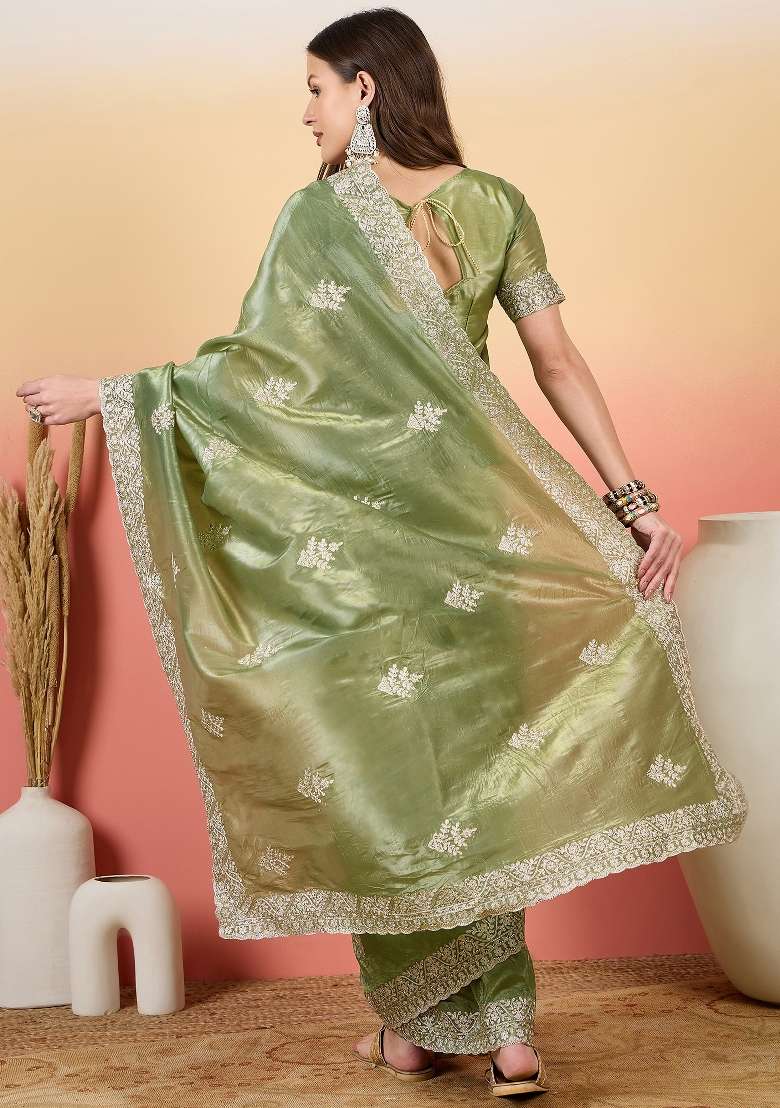 Sea Green Embroidered Tissue Saree Set - Indya