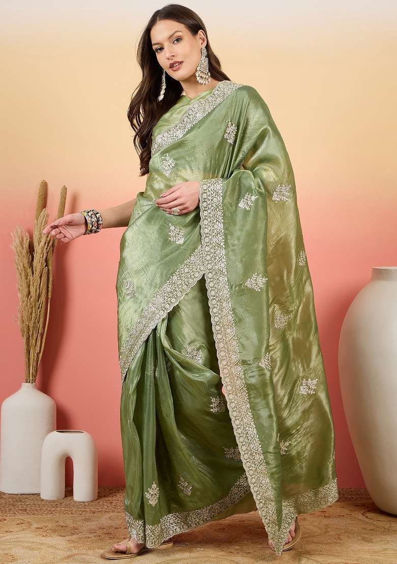 Sea Green Embroidered Tissue Saree Set - Indya