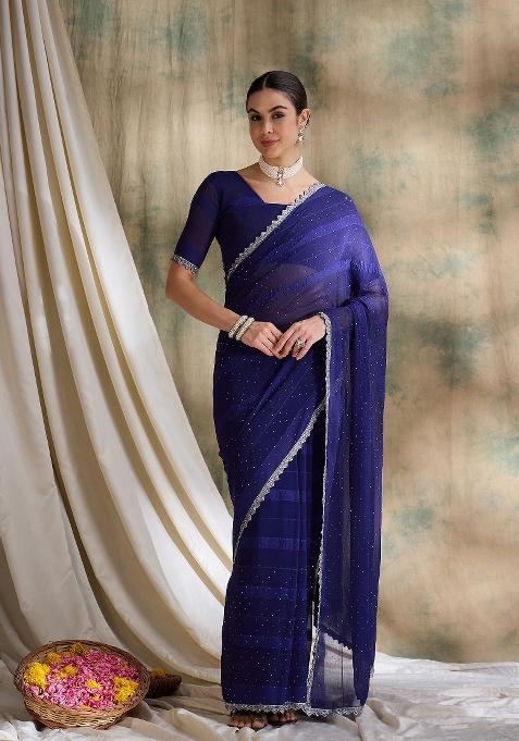 Royal Blue Embellished Silk Saree Set