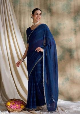 Teal Embellished Silk Saree Set