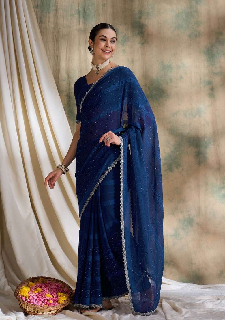 Teal Embellished Silk Blend Saree Set - Indya