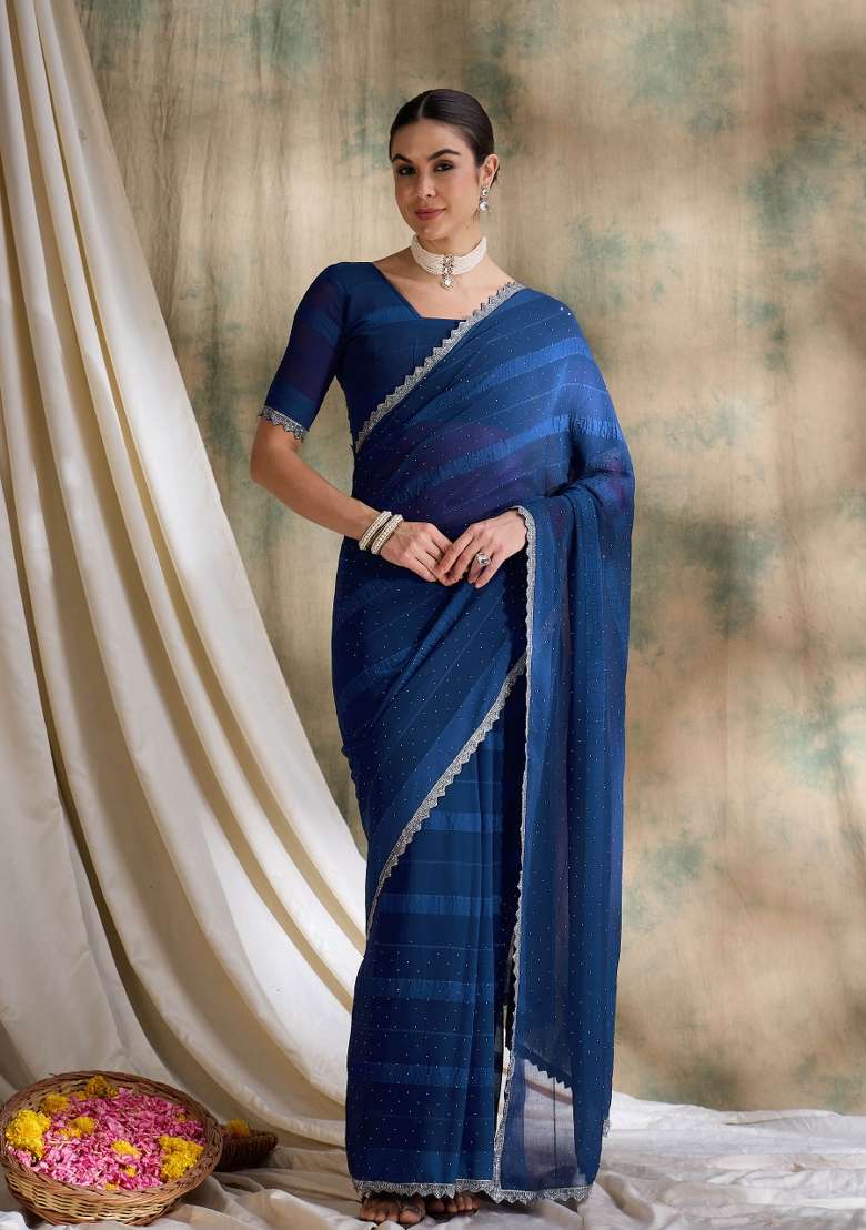 Teal Embellished Silk Blend Saree Set - Indya