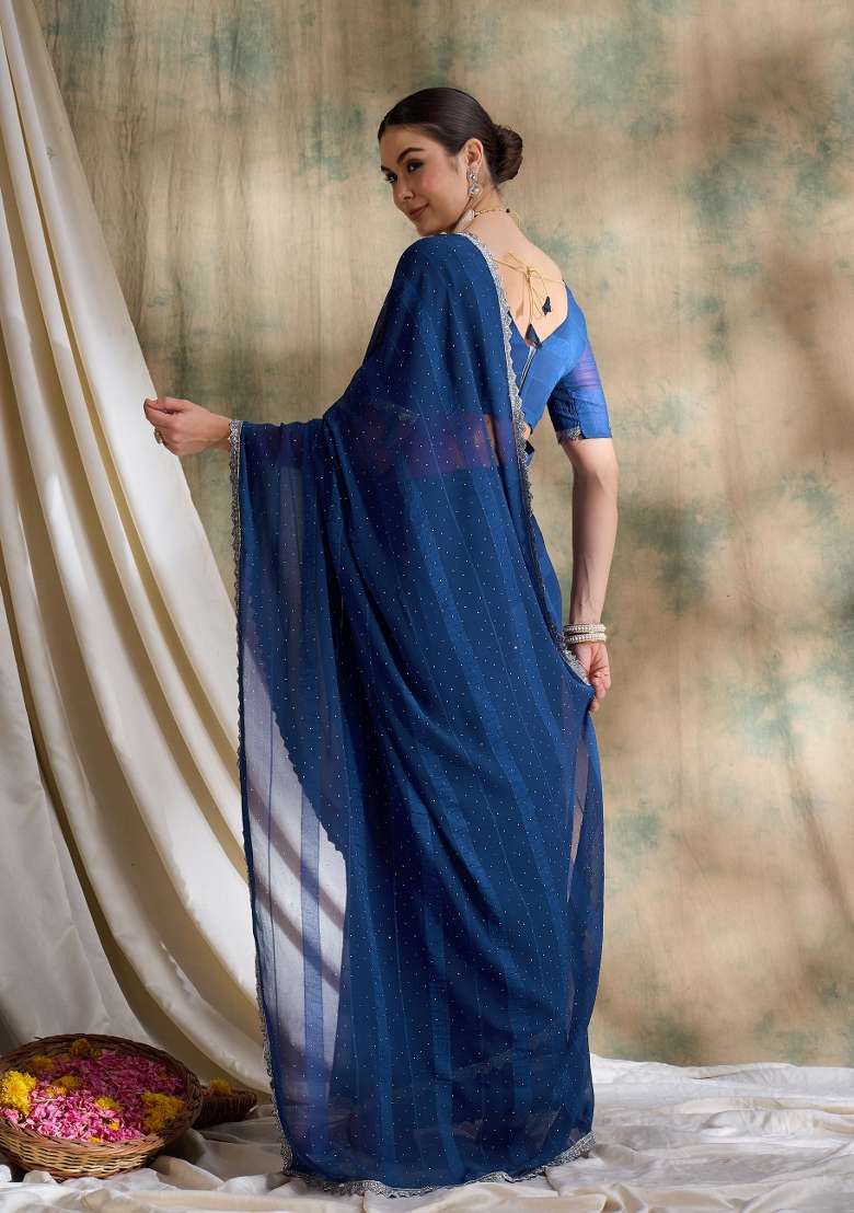 Teal Embellished Silk Blend Saree Set - Indya