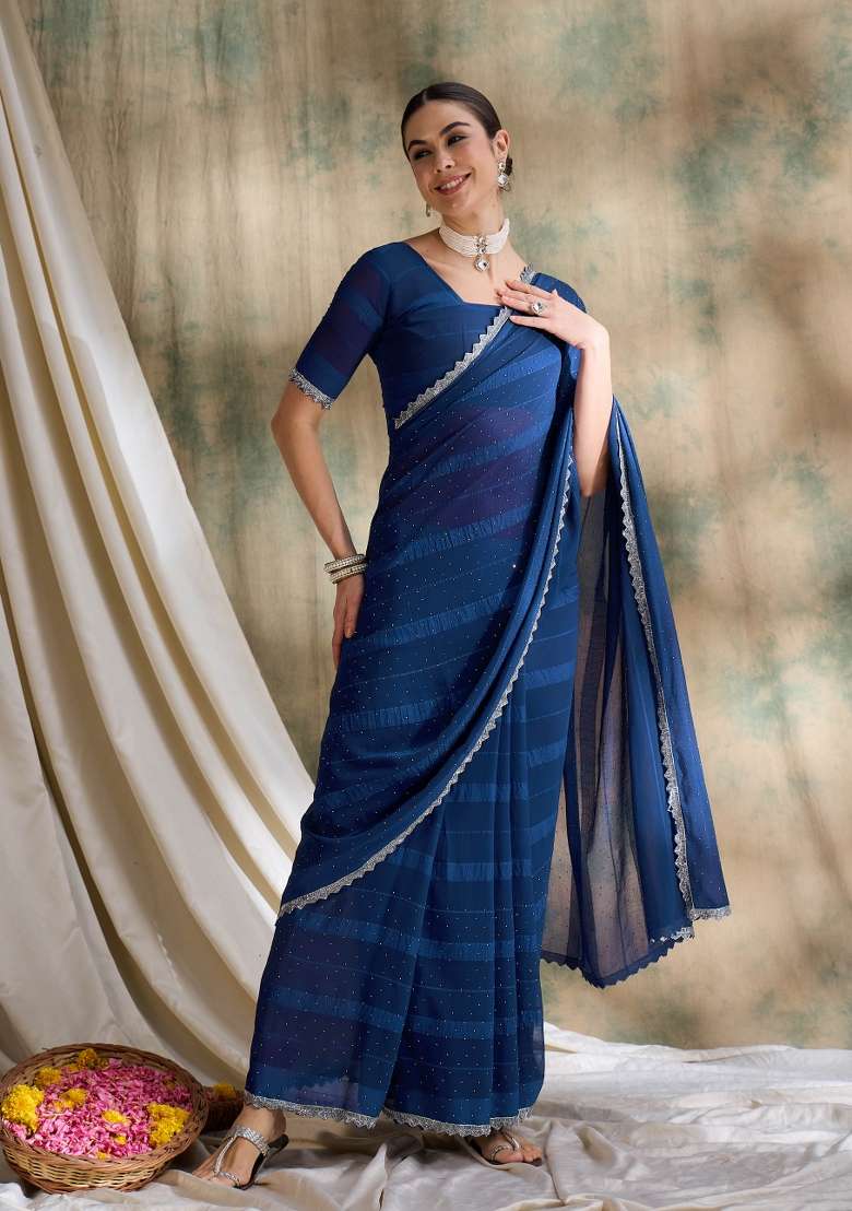 Teal Embellished Silk Blend Saree Set - Indya