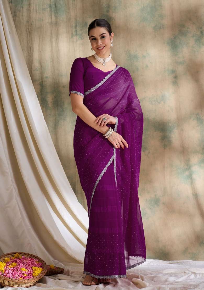 Purple Embellished Silk Blend Saree Set - Indya