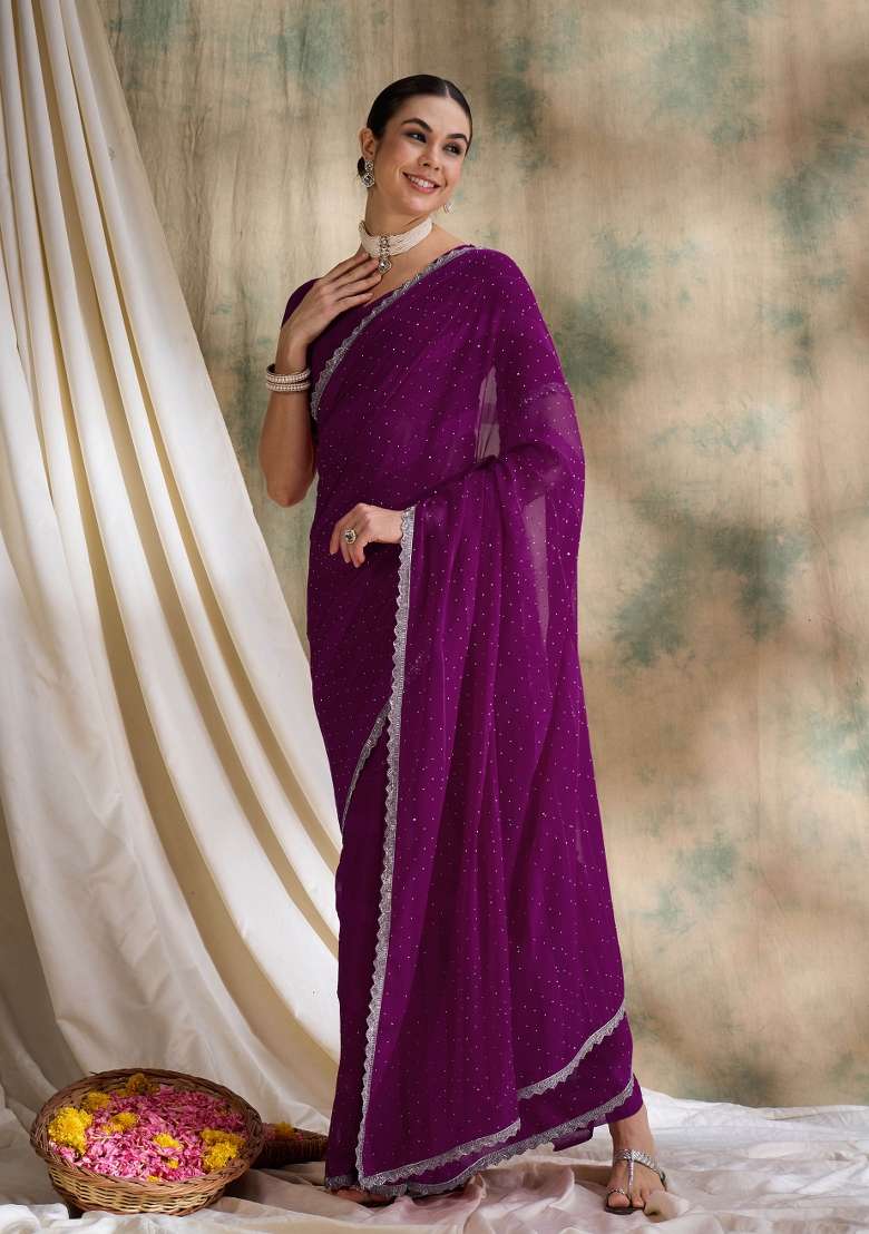 Purple Embellished Silk Blend Saree Set - Indya