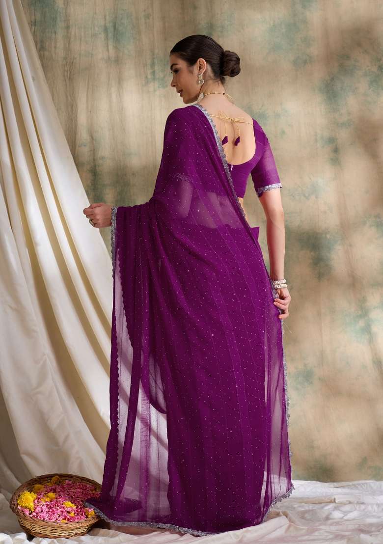 Purple Embellished Silk Blend Saree Set - Indya