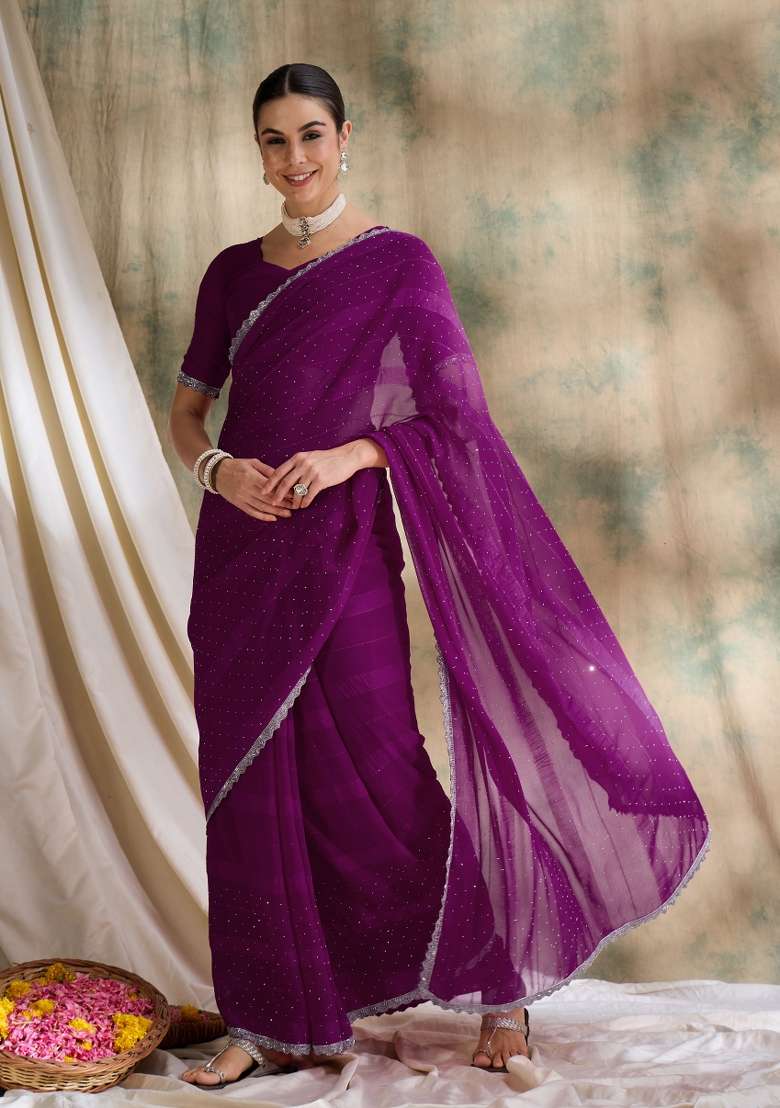 Purple Embellished Silk Blend Saree Set - Indya