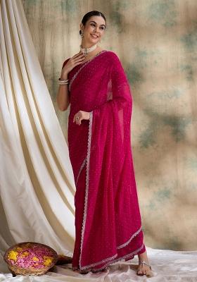 Pink Embellished Silk Saree Set
