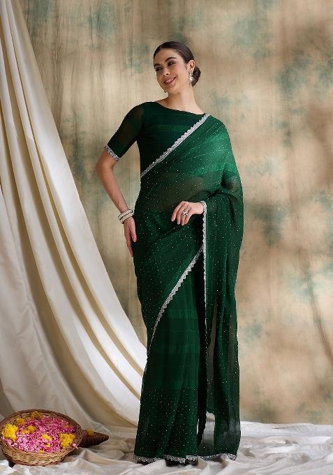 Green Embellished Silk Saree Set