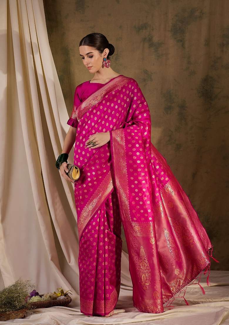 Pink Motif Silk Blend Saree Set - Indya